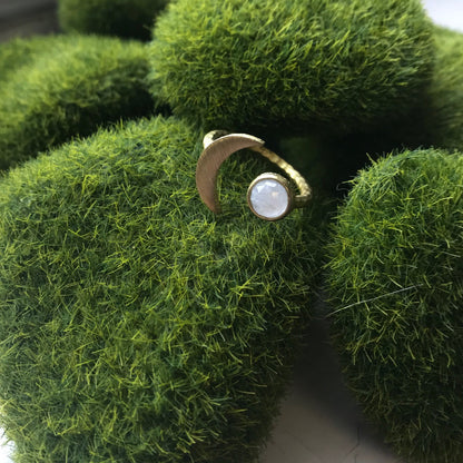 Moon Goddess Ring - Crescent Moon With Rainbow Moonstone