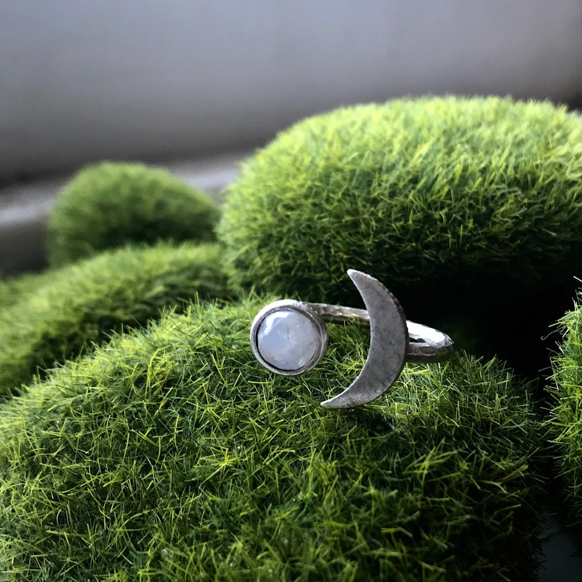 Moon Goddess Ring - Crescent Moon With Rainbow Moonstone
