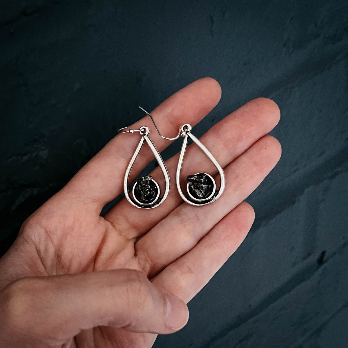 Teardrop Earrings With Raw Meteorite