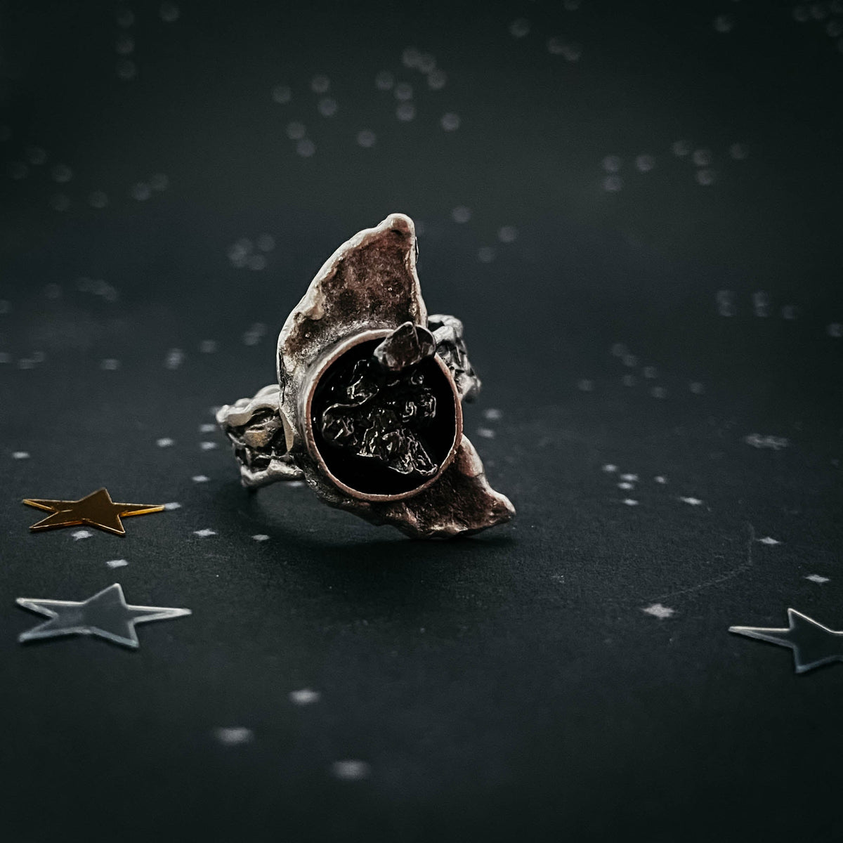 Crescent Moon Ring With Authentic Meteorite