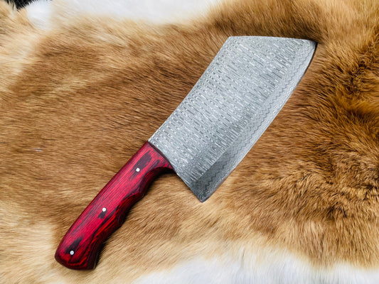 Custom Damascus Steel Cleaver Red Handle (Cleaver-Red)