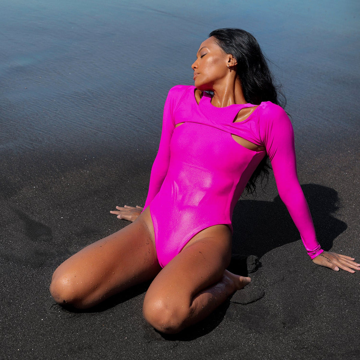 The Jupiter Open-Back Recycled Two-Piece Swimsuit in Hot Pink