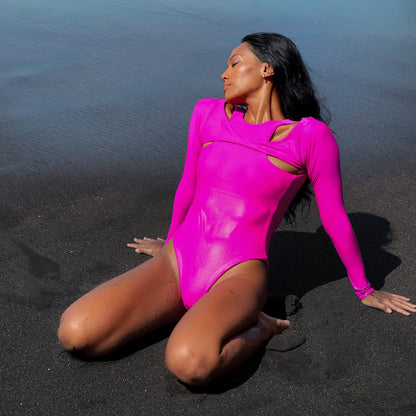The Jupiter Open-Back Recycled Two-Piece Swimsuit in Hot Pink