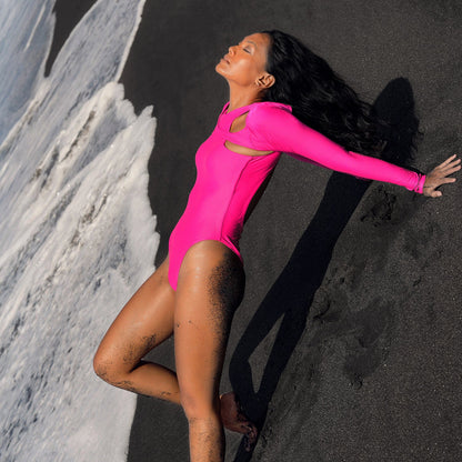 The Jupiter Open-Back Recycled Two-Piece Swimsuit in Hot Pink