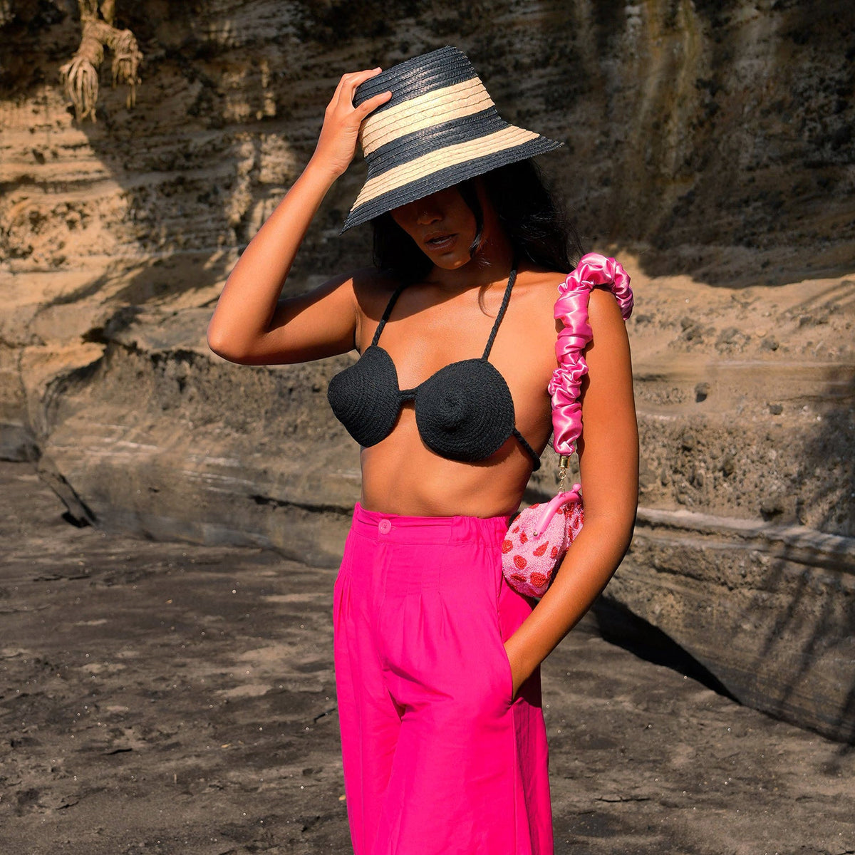 The Leia Cotton Rope Bikini Top in Black