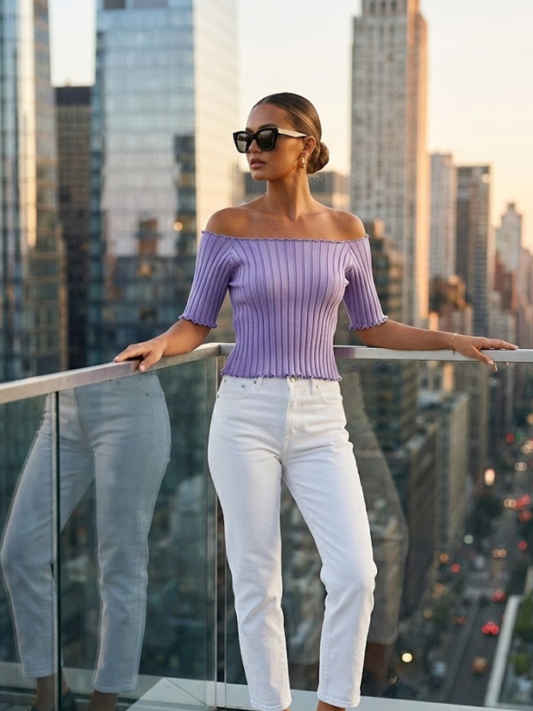 Lavender ASTOR Ribbed Off-the-Shoulder Top Prêt-À-Porter BYMANYC ®
