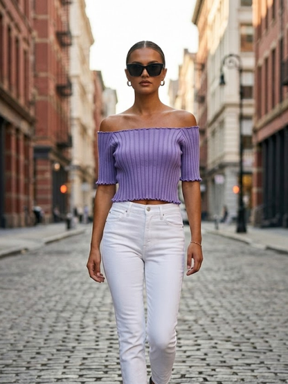 Lavender ASTOR Ribbed Off-the-Shoulder Top Prêt-À-Porter BYMANYC ®