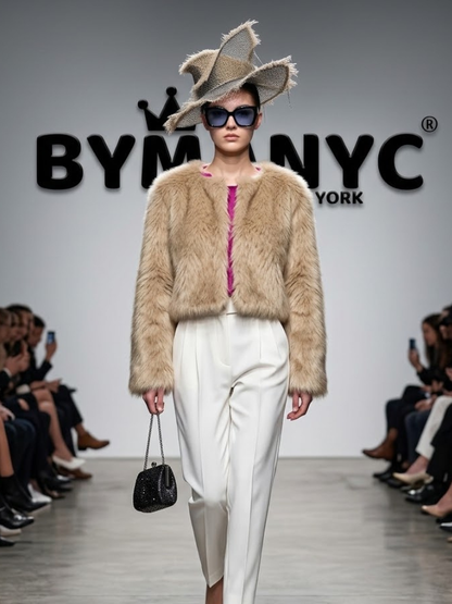Women's Fluffy Beige Cropped Jacket BYMANYC ® New York CONTEMPORARY VIBRANT MODERN FASHION - New Collection