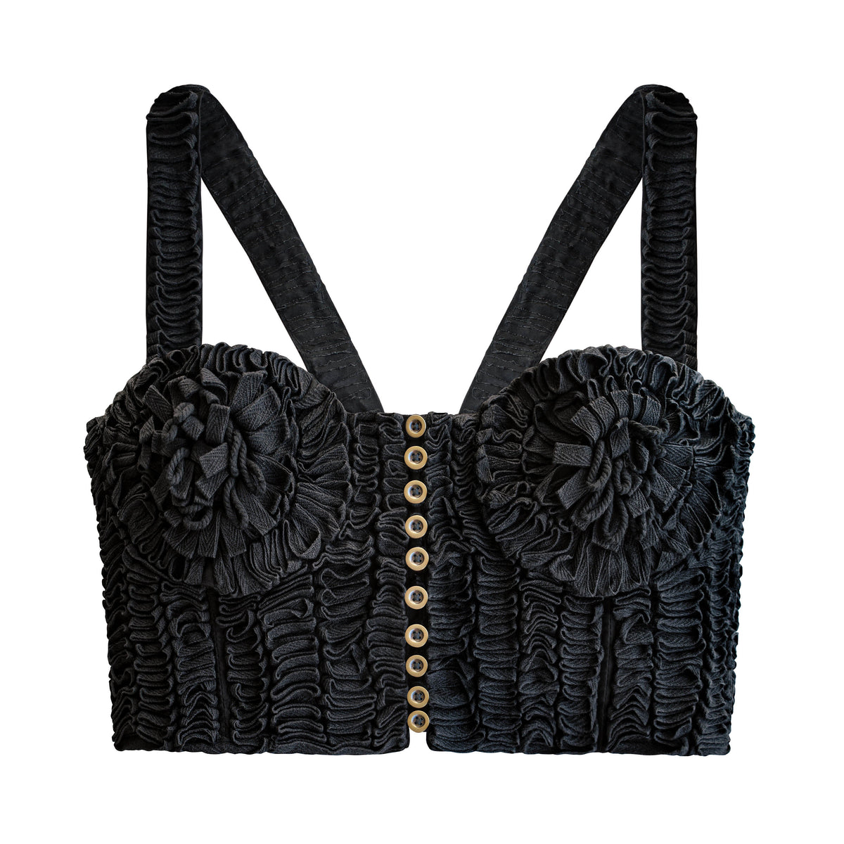 MARIGOLD Hand-Embroidered Ribbon Bustier Top in Black