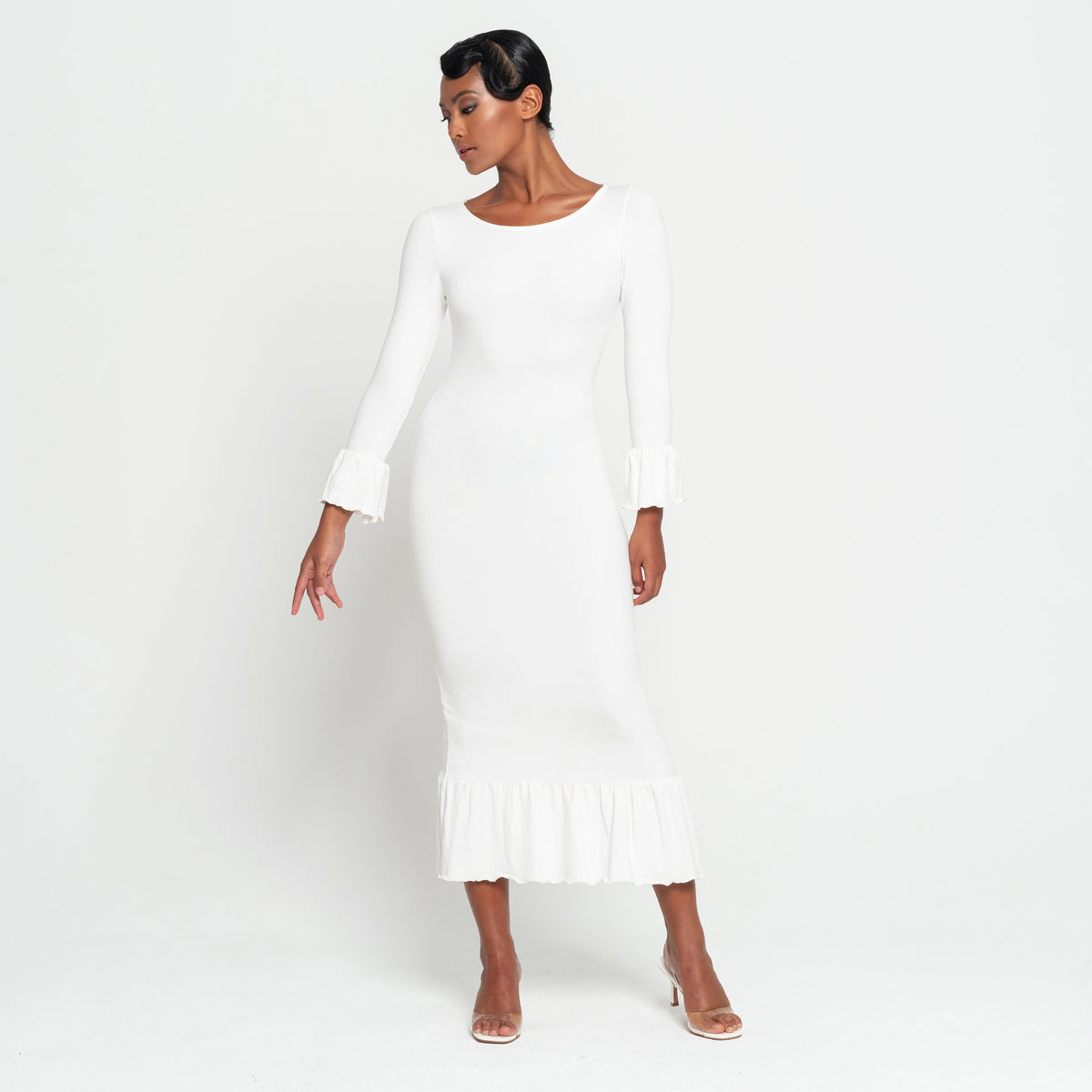 MARJORIE Bamboo Ruffle Dress in Off-White