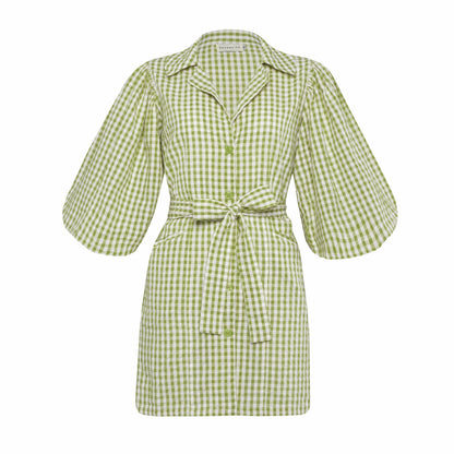 The Meghan Gingham Mini Dress in Olive Green
