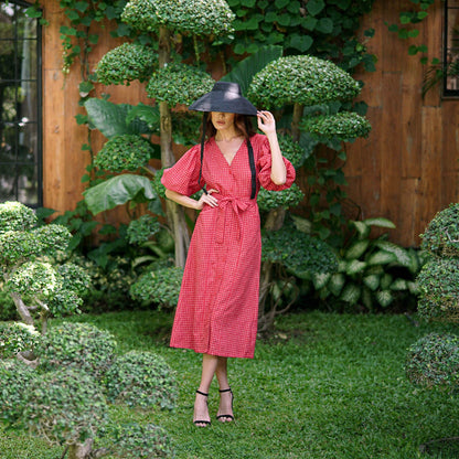 MEGHAN Gingham Hemp Midi Dress in Scarlet Red