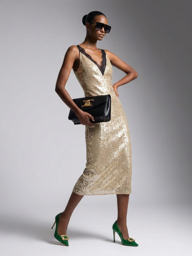 Midi Dress New Collection BYMANYC ® New York • Champagne Gold Sequins & Lace