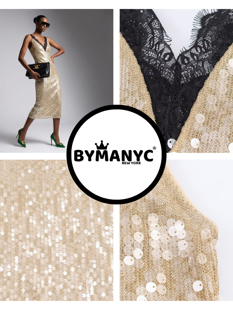 Midi Dress New Collection BYMANYC ® New York • Champagne Gold Sequins & Lace