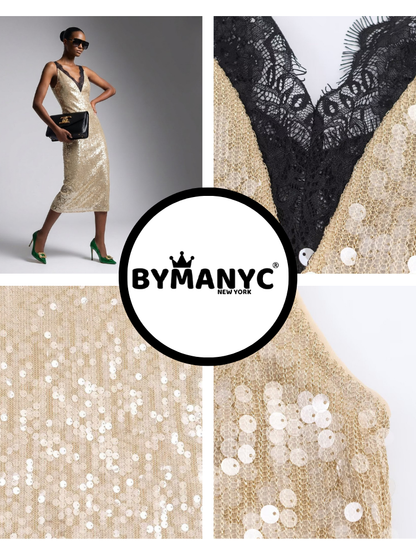Midi Dress New Collection BYMANYC ® New York • Champagne Gold Sequins & Lace