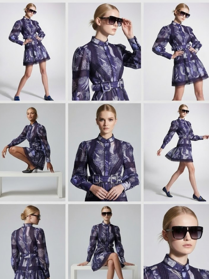 Midnight Blue Mini Dress With Snowflake Print and Guipure Lace • BYMANYC ® New York