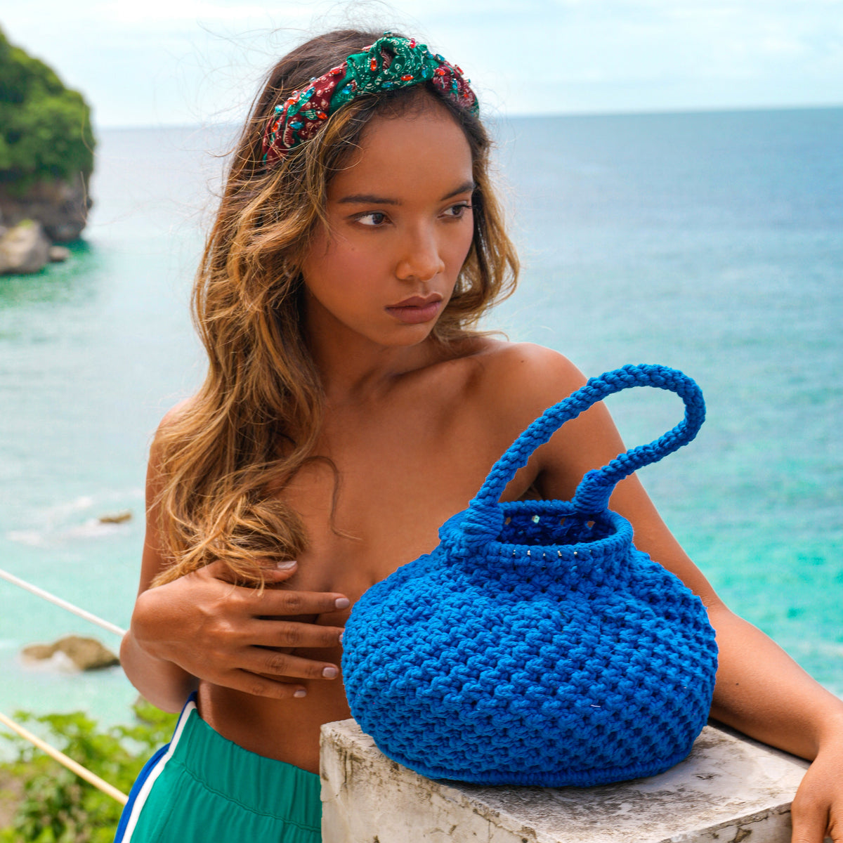 NAGA Macrame Bucket Bag in Azure Blue