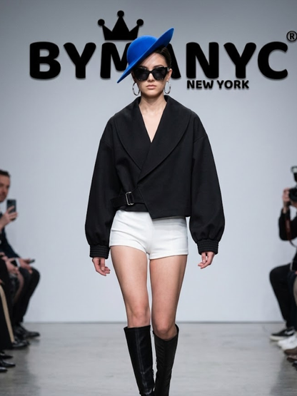 Women's Olive Green Cropped Wrap Jacket With Wide Shawl Lapel and Belt Prêt-À-Porter BYMANYC ® New York - New Collection