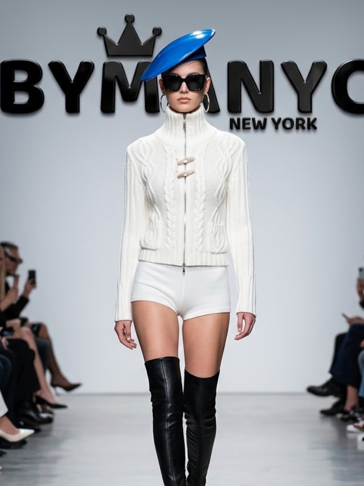 Women's Light Blue Zip-Front Cable-Knit Jacket With High Collar Prêt-À-Porter BYMANYC ® New York - New Collection