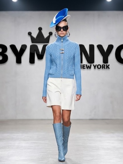 Women's Light Blue Zip-Front Cable-Knit Jacket With High Collar Prêt-À-Porter BYMANYC ® New York - New Collection