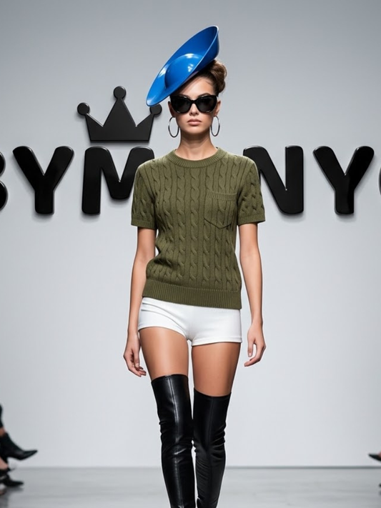 Women's Olive Green Short-Sleeve Cable-Knit Top With Chest Pocket Prêt-À-Porter BYMANYC ® New York - New Collection