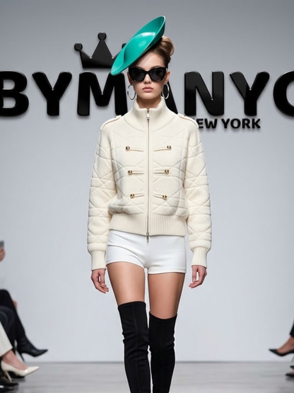 Women's Cream Diamond-Textured Zip-Front Military-Style Knit Jacket Soho Prêt-À-Porter BYMANYC ® New York - New Collection