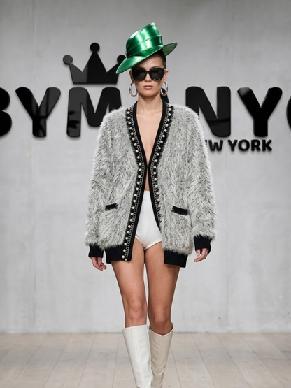 Women's Soft Textured Grey Trimmed Cardigan Soho Prêt-À-Porter BYMANYC ® New York - New Collection