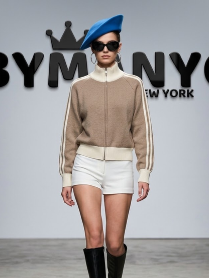 Women's Zip-Front Navy Blue Knit Jacket With Contrast Stripe Soho Prêt-À-Porter BYMANYC ® New York - New Collection