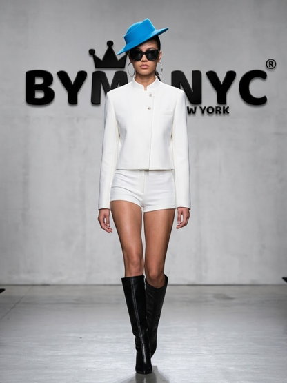 Women's White Cropped Jacket With Mandarin Collar and Asymmetric Buttons Prêt-À-Porter BYMANYC ® New York - New Collection