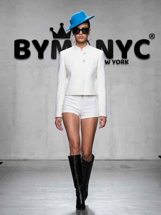 Women's White Cropped Jacket With Mandarin Collar and Asymmetric Buttons Prêt-À-Porter BYMANYC ® New York - New Collection