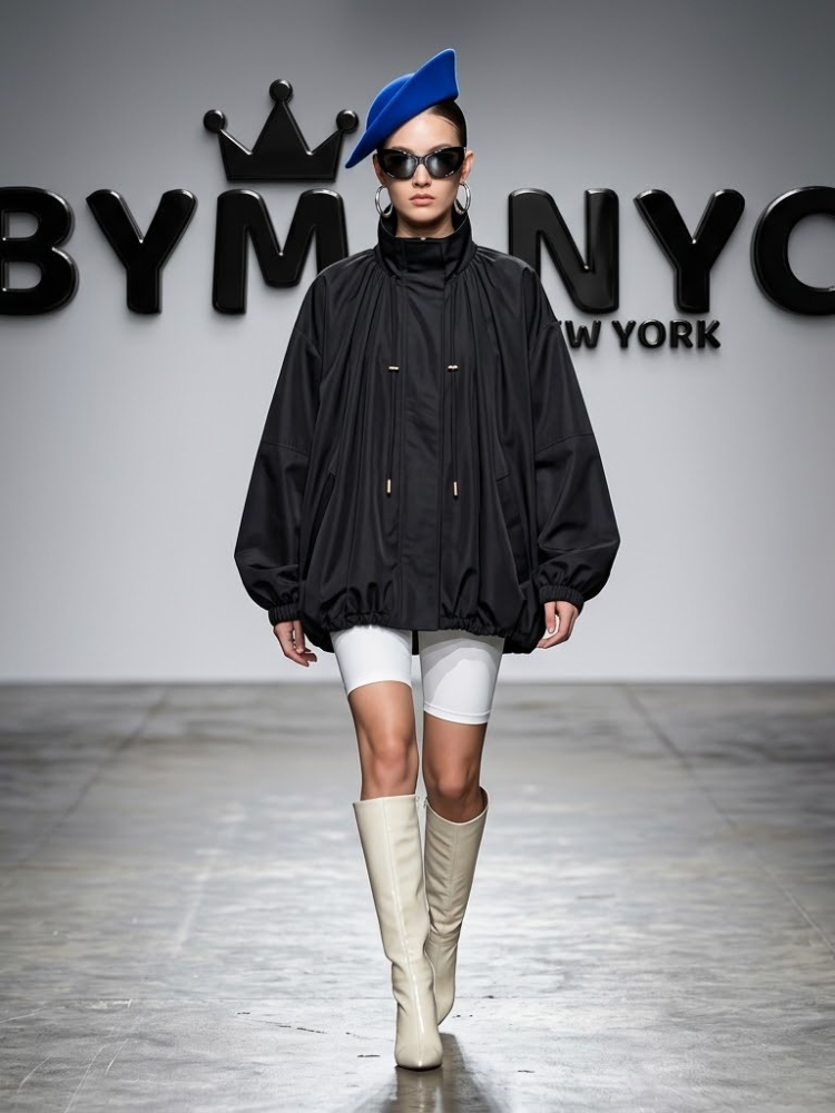Women's Black Oversized Parka Jacket With High Collar and Adjustable Drawstrings Prêt-À-Porter BYMANYC ® New York - New Collection