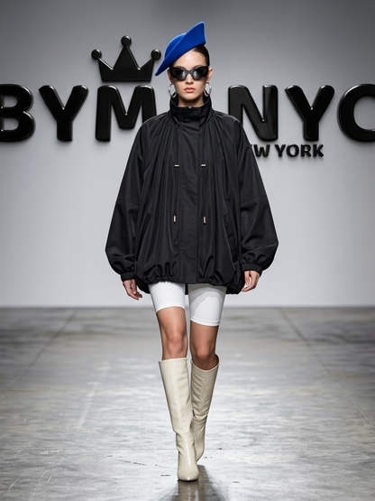 Women's Black Oversized Parka Jacket With High Collar and Adjustable Drawstrings Prêt-À-Porter BYMANYC ® New York - New Collection
