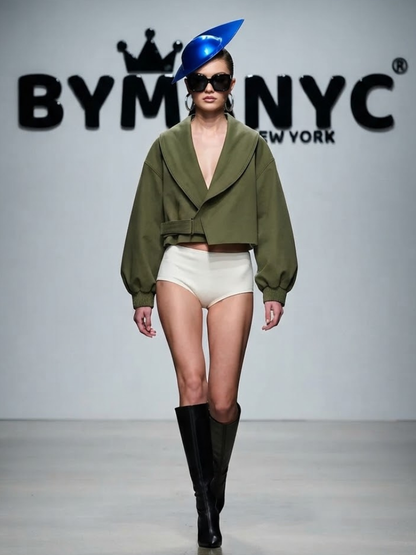 Women's Olive Green Cropped Wrap Jacket With Wide Shawl Lapel and Belt Prêt-À-Porter BYMANYC ® New York - New Collection