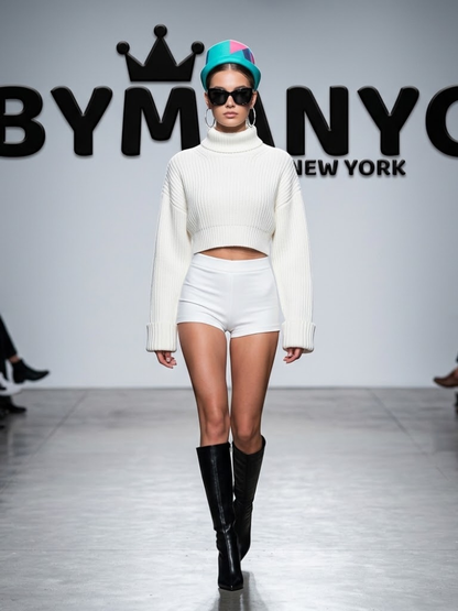 Women's White Ribbed Cropped Turtleneck Knit Sweater Prêt-À-Porter BYMANYC ® New York - New Collection