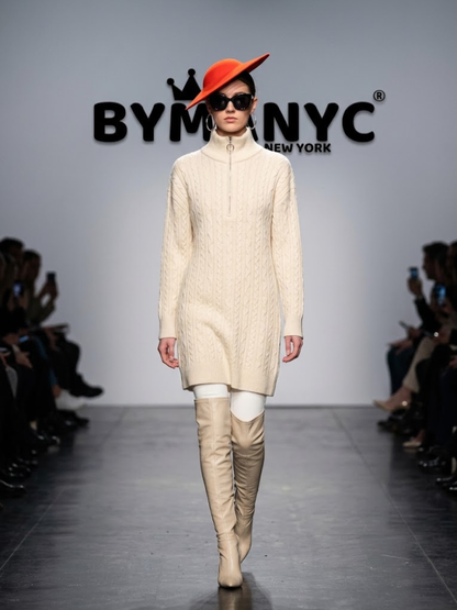 Women's Cream Cable-Knit Sweater Dress With High Half-Zip Collar Prêt-À-Porter BYMANYC ® New York - New Collection