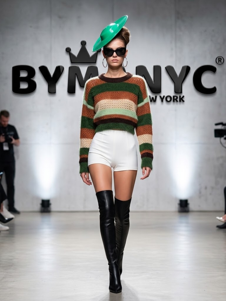 Women's Multi-Color Striped Open-Knit Sweater With Crewneck Prêt-À-Porter BYMANYC ® New York - New Collection