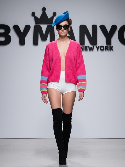 Women's Fuchsia Pink V-Neck Knit Cardigan With Multi-Color Striped Cuffs Prêt-À-Porter BYMANYC ® New York - New Collection
