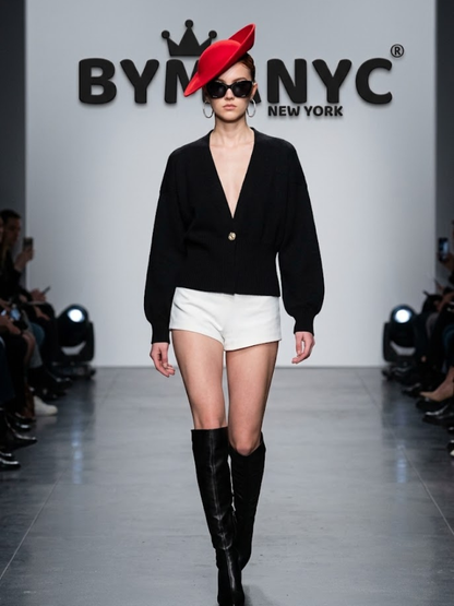 Women's Black V-Neck Knit Cardigan With Single Statement Gold Button Prêt-À-Porter BYMANYC ® New York - New Collection
