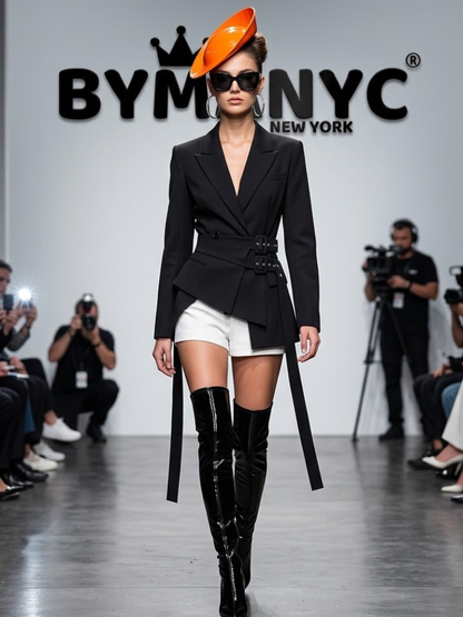 Women's Cream Double-Breasted Blazer With Notch Lapels and Buckle Waist Corset Belt Prêt-À-Porter BYMANYC ® New York - New Collection