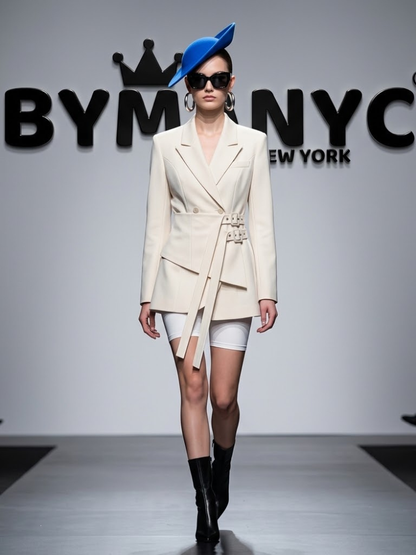 Women's Cream Double-Breasted Blazer With Notch Lapels and Buckle Waist Corset Belt Prêt-À-Porter BYMANYC ® New York - New Collection