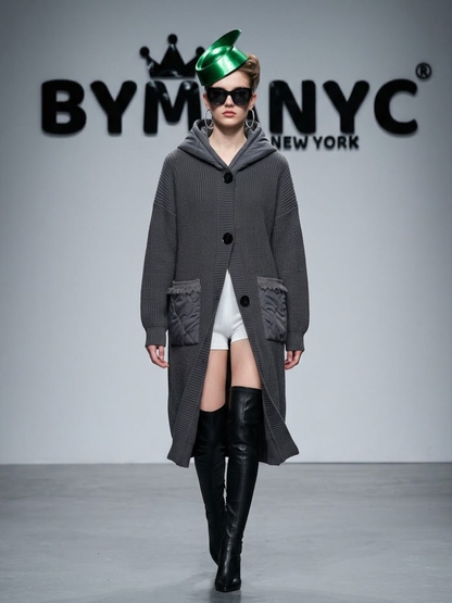 Women's Beige Long Hooded Knit Cardigan Coat With Contrast Patch Pockets Prêt-À-Porter BYMANYC ® New York - New Collection