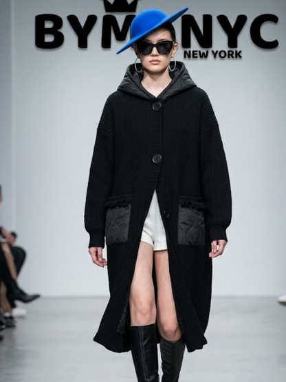 Women's Beige Long Hooded Knit Cardigan Coat With Contrast Patch Pockets Prêt-À-Porter BYMANYC ® New York - New Collection