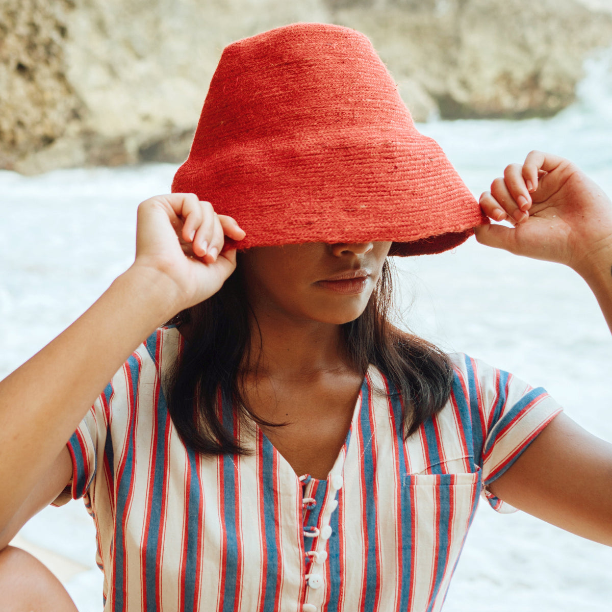 The Naomi Jute Clochet Straw Hat in Red