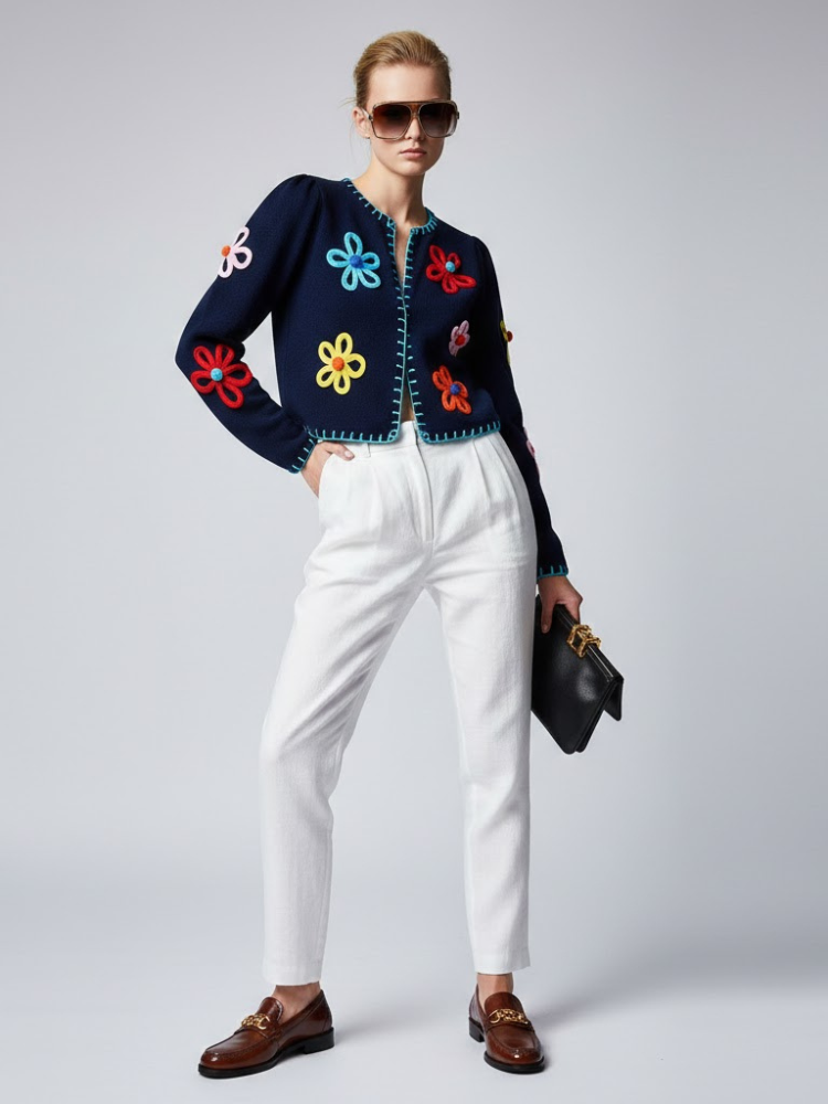 Navy Knit Jacket With 3D Flowers and Contrast Stitching • BYMANYC ® New York