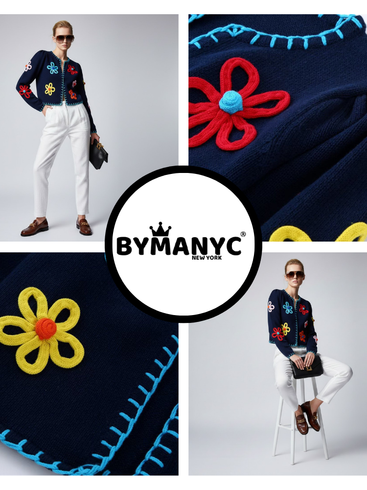 Navy Knit Jacket With 3D Flowers and Contrast Stitching • BYMANYC ® New York