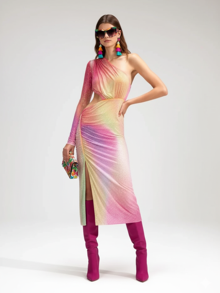 One-Shoulder Slit Dress With Cinched Waist for Women, Upper East Side, BYMANYC New York.