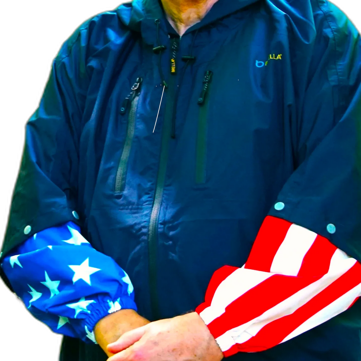 Brella Navy Blue Rain Jacket W/ Stars + Stripes Snap-on Sleeves Unisex