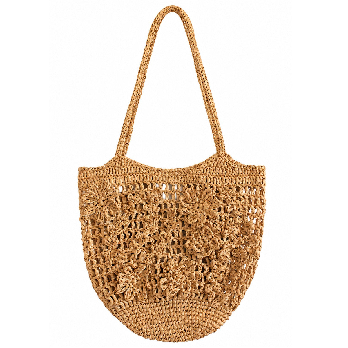 Phillipa Hand-Crocheted Floral Raffia Tote Bag in Beige