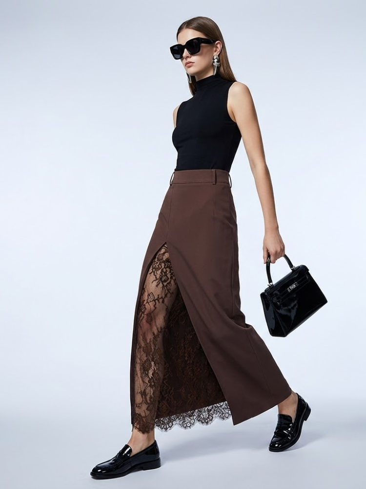 Women's Skirt Brown Maxi BYMANYC ® New York SOHO LACE SPLIT - New Collection