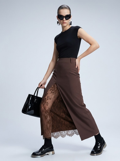 Women's Skirt Brown Maxi BYMANYC ® New York SOHO LACE SPLIT - New Collection